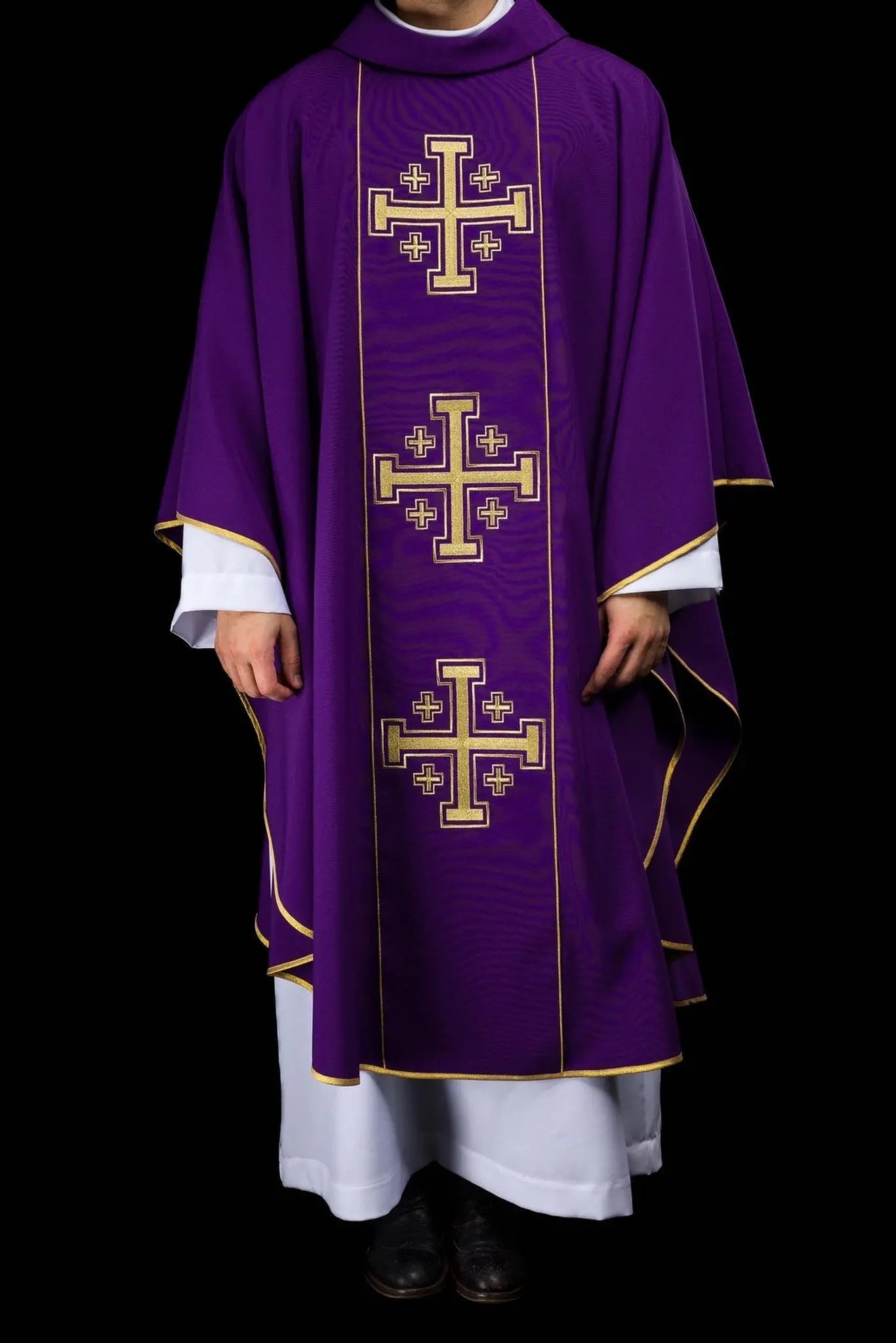 Purple embroidered chasuble with band and Jerusalem crosses