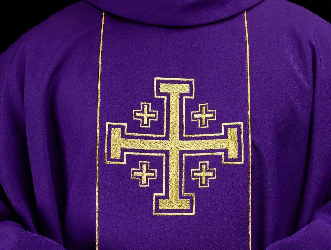 Purple embroidered chasuble with band and Jerusalem crosses