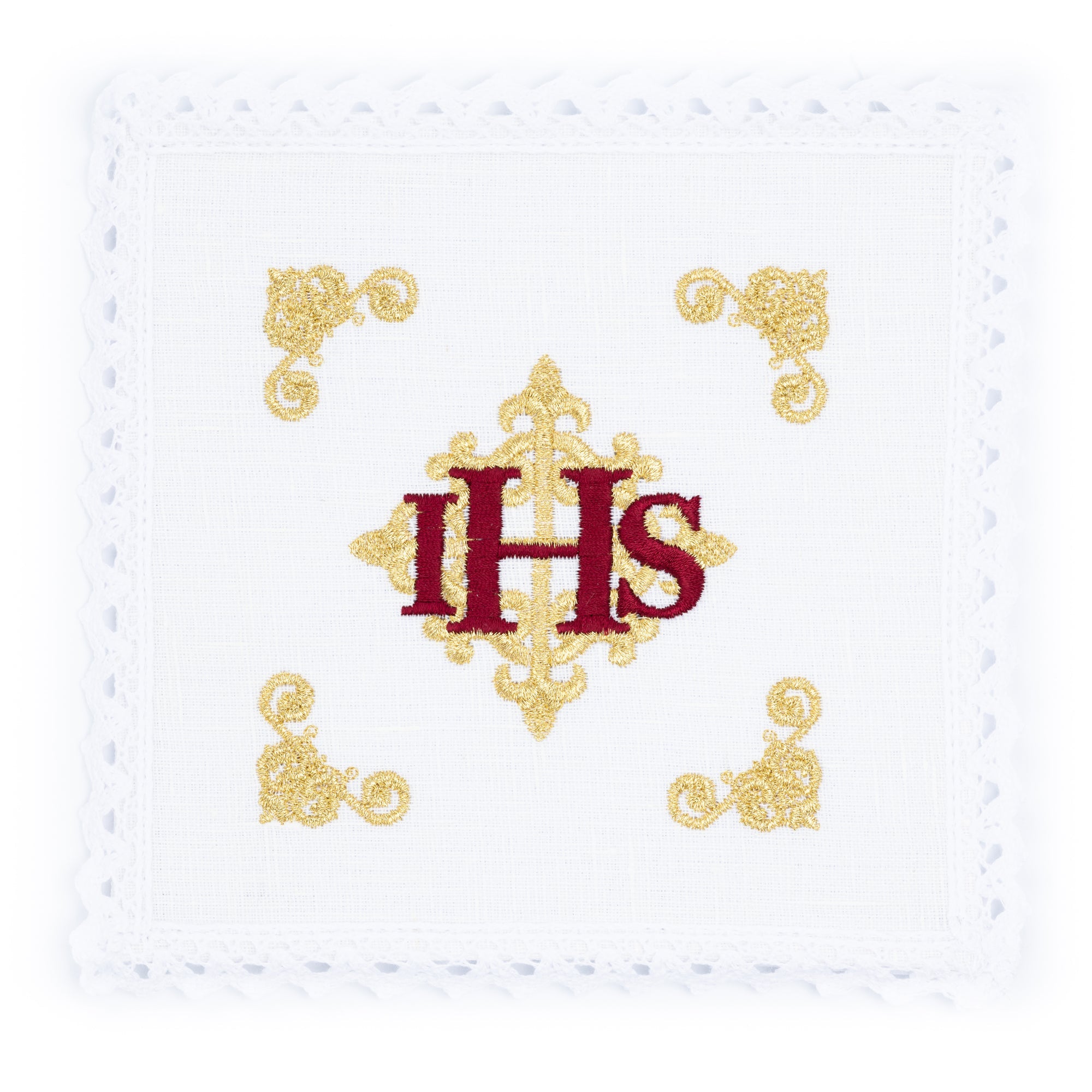 Bielizna kielichowa lniana haftowana czerwony symbol IHS - ORNATY.PL