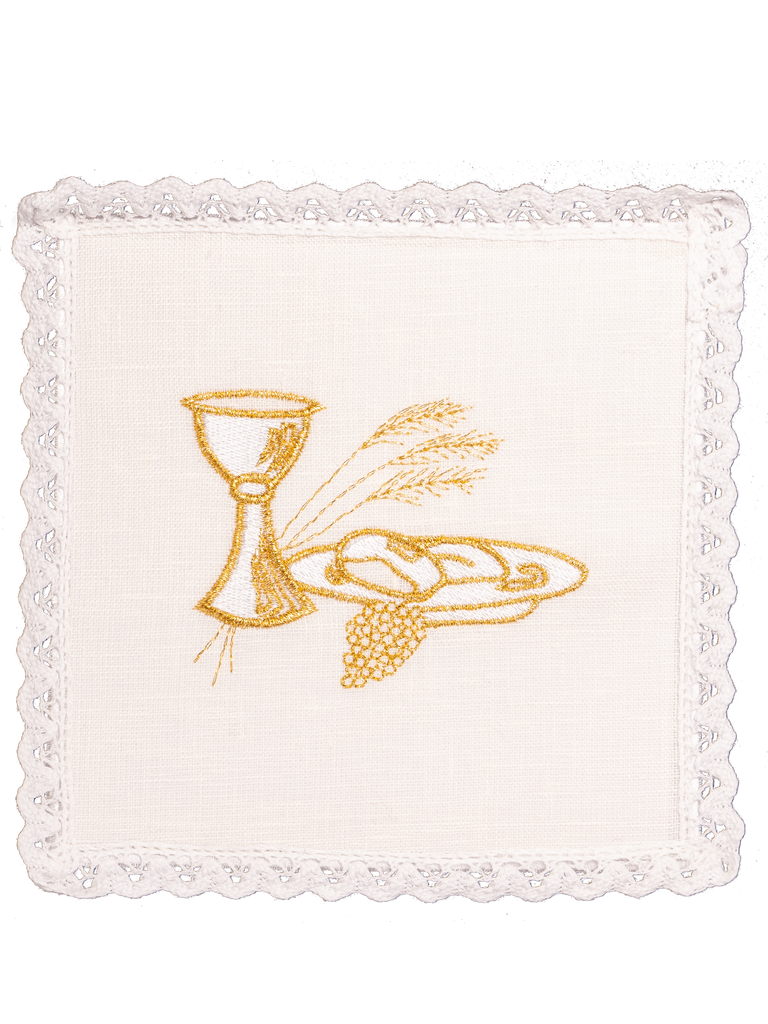 komplet kielichowy lniany z haftem eucharystycznym złoty