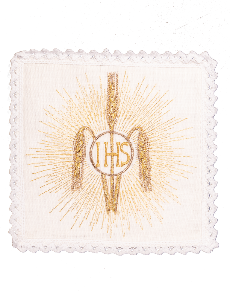 komplet kielichowy lniany z haftem eucharystycznym kłosy IHS