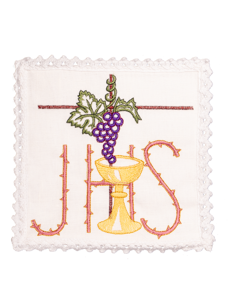 komplet kielichowy lniany z haftem eucharystycznym JHS kielich