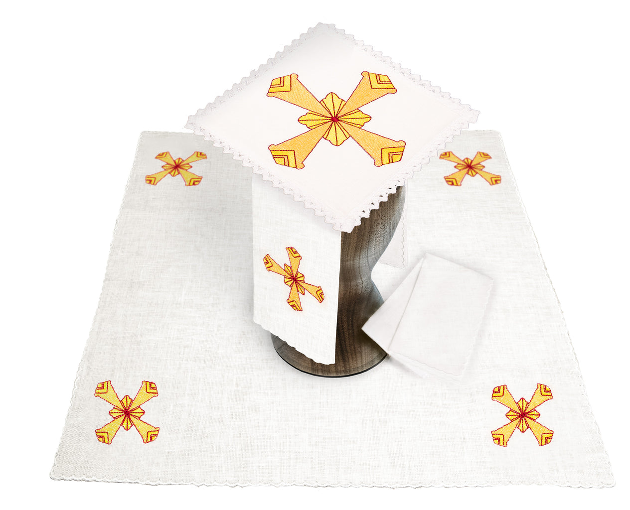 komplet kielichowy lniany z haftem eucharystycznym krzyż