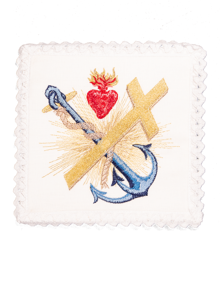 komplet kielichowy lniany z haftem eucharystycznym kotwica i krzyż