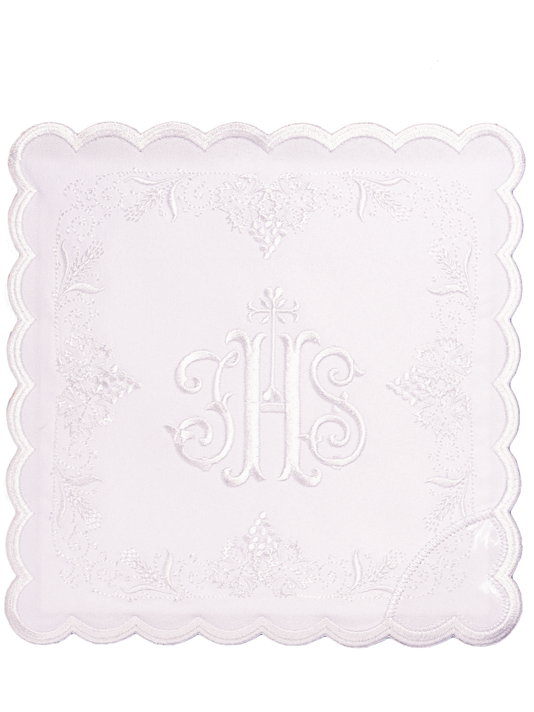 komplet kielichowy z haftem eucharystycznym JHS białym