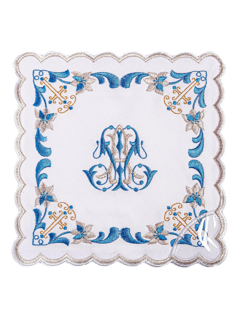 Chalice linen with blue trim and Marian embroidery