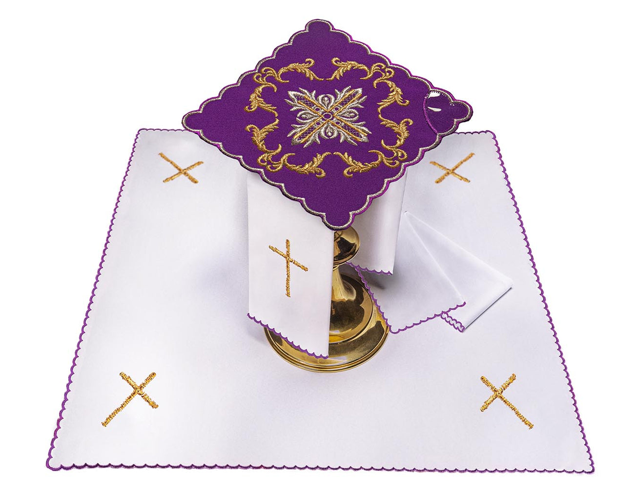 Purple embroidered chalice linen with cross motif