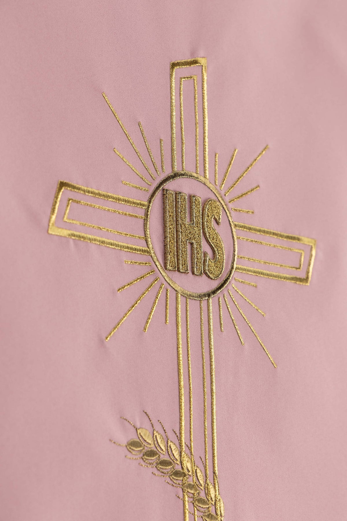 Pano de ambão Rosa com Cruz IHS e bordado de Espigas de trigo