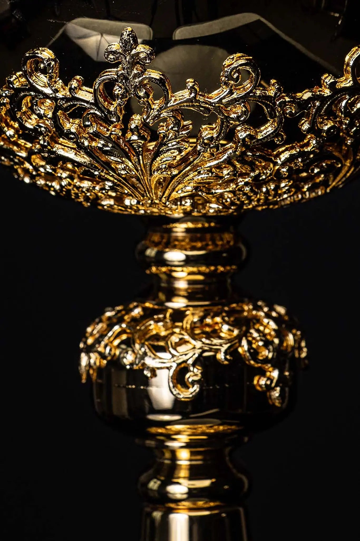 Handmade gold-plated ciborium with floral ornamentation and blue imitation sapphires, topped with a cross.