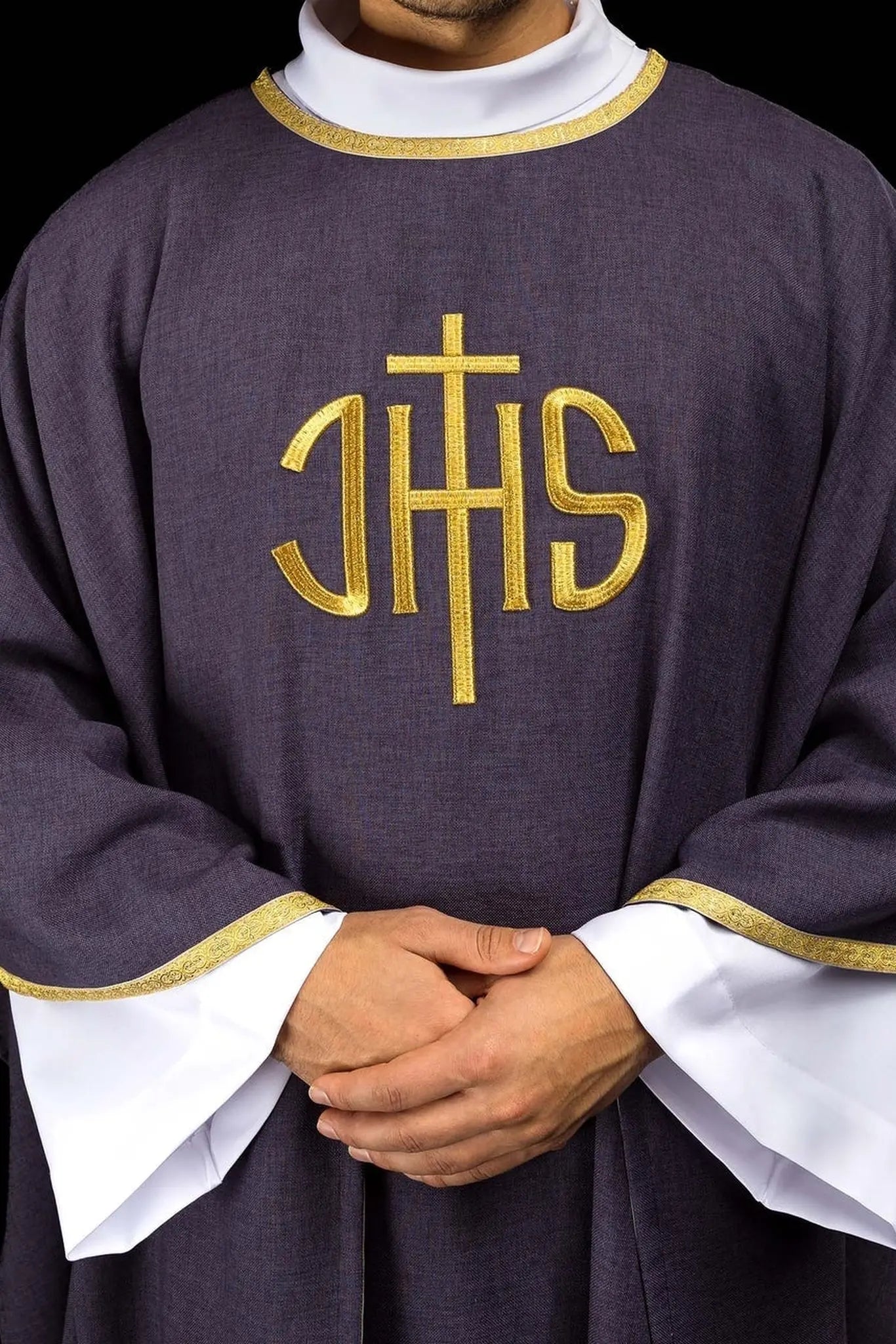 Purple liturgical chasuble with gold IHS embroidery