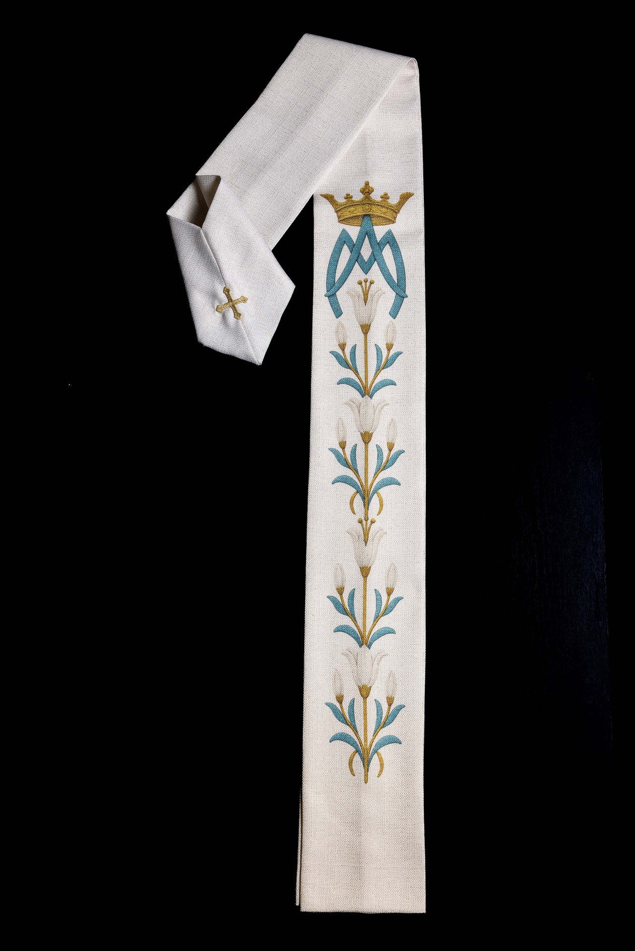 Ornat Maryjny drukowany ze wzorem lilii i monogramem ecru - ORNATY.PL