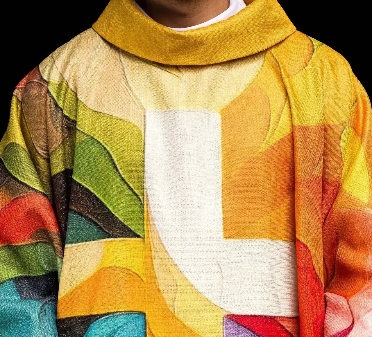 Multicolored printed chasuble with a cross motif