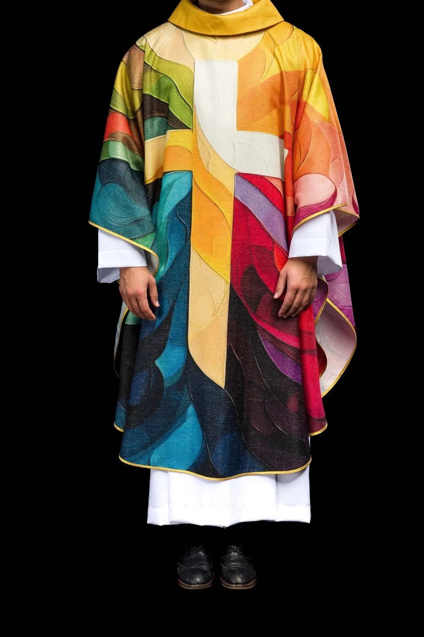 Multicolored printed chasuble with a cross motif
