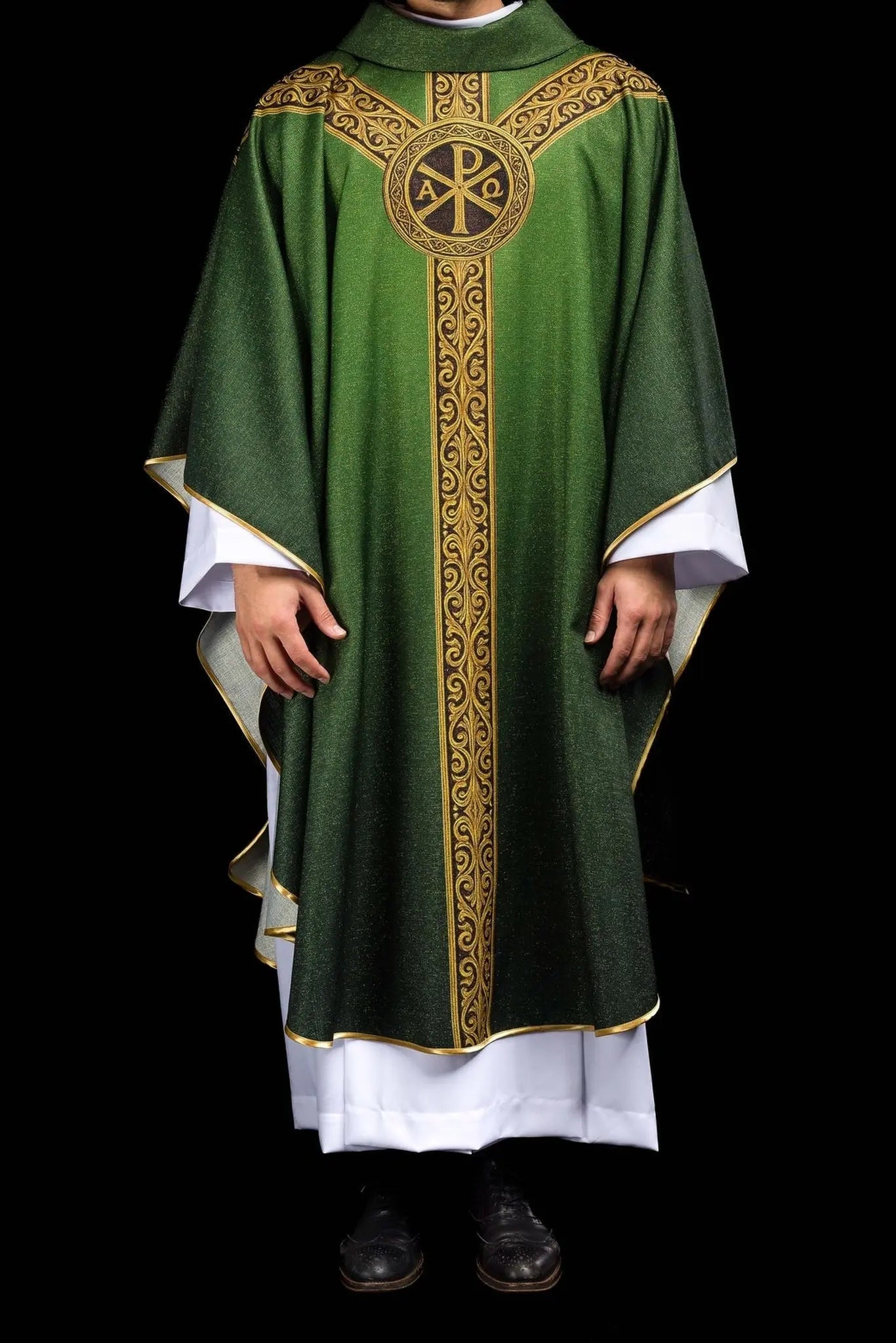 Green printed “Pax” chasuble with rich gold decoration
