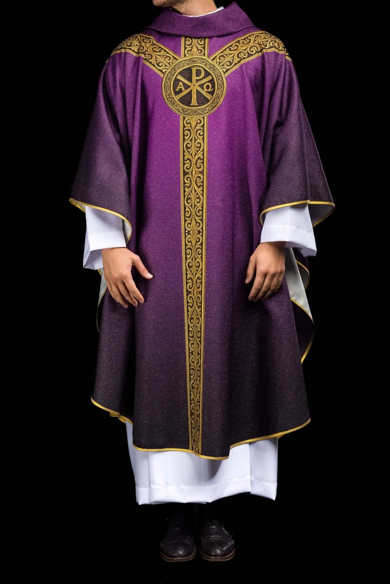 Purple printed “Pax” chasuble with rich gold decoration
