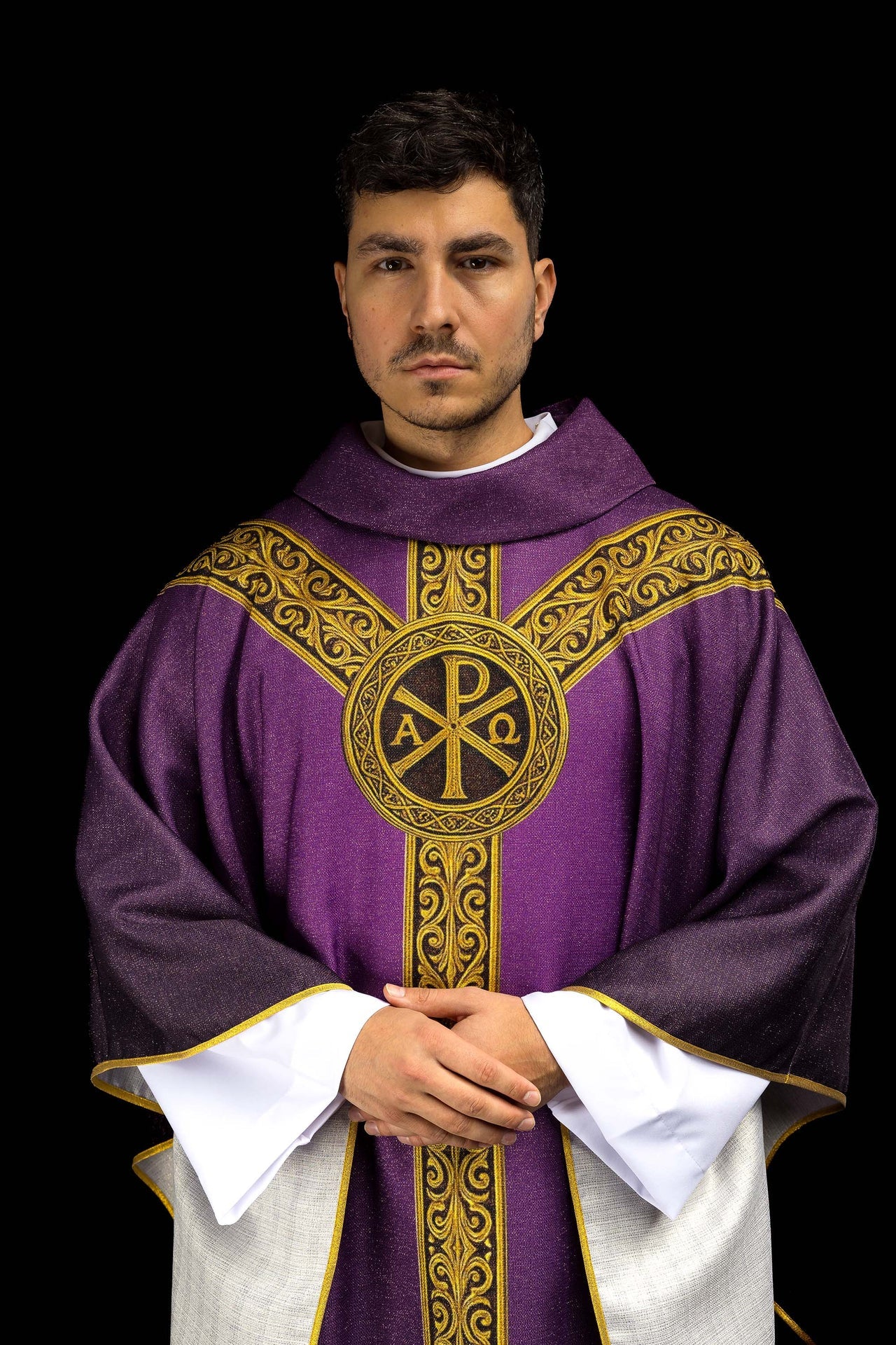 Ornat drukowany Pax fioletowy z bogatym złotym zdobieniem