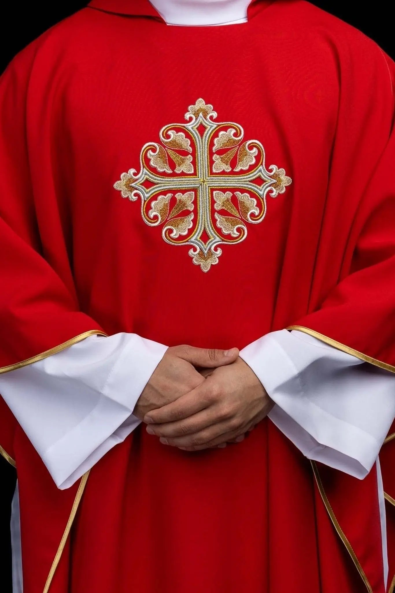 Red Embroidered Chasuble with Ornamental Cross and Wide Collar