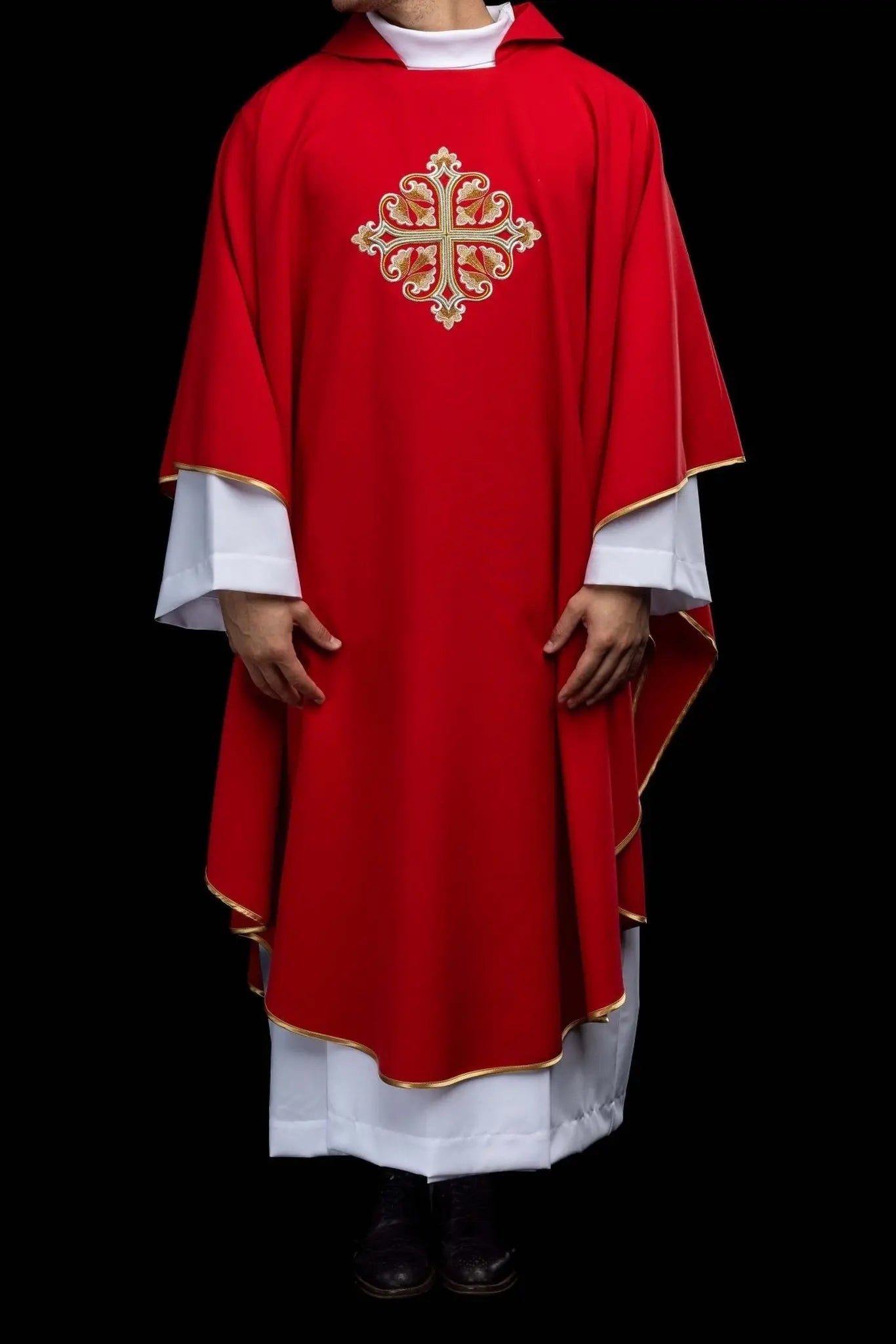 Red Embroidered Chasuble with Ornamental Cross and Wide Collar