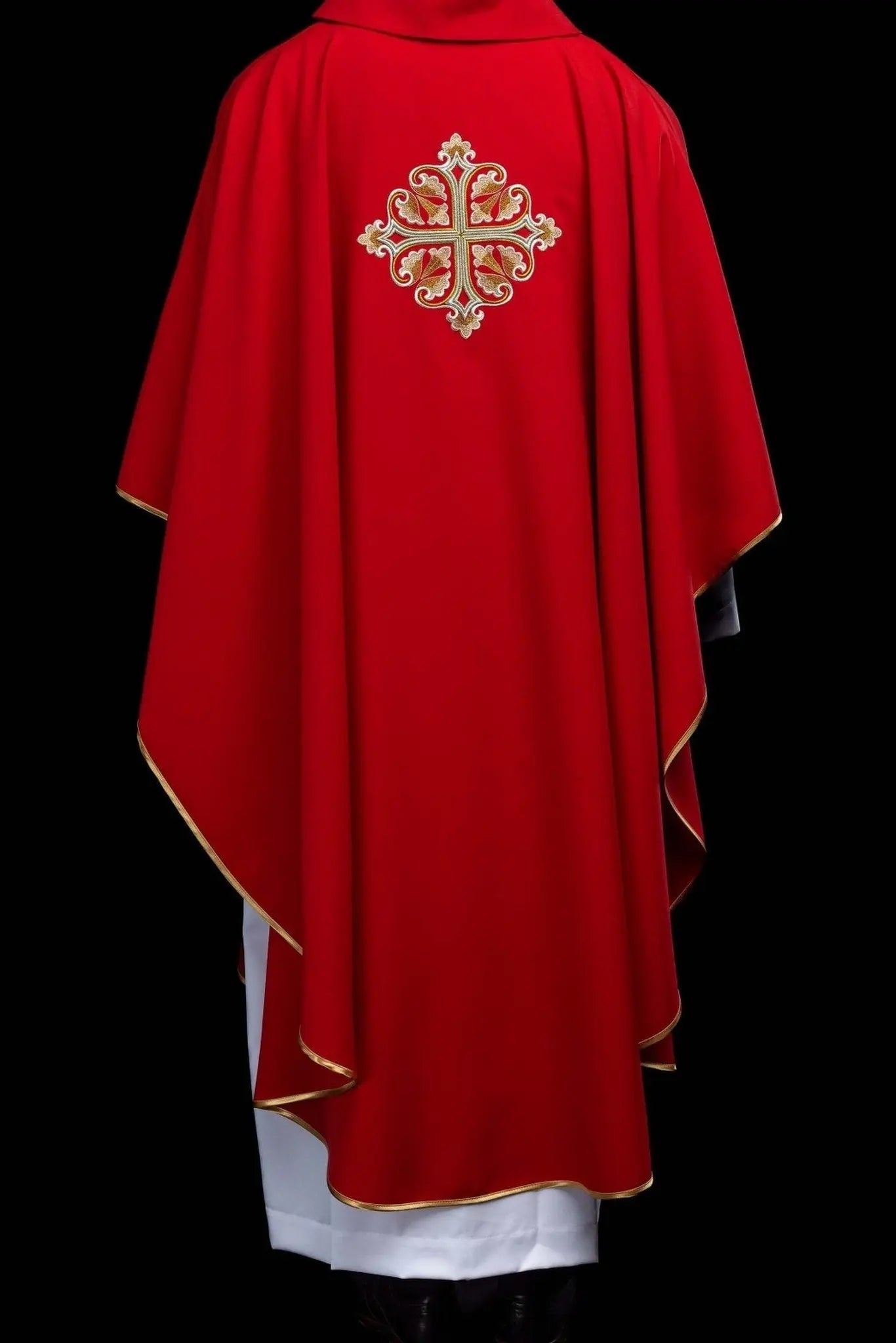 Red Embroidered Chasuble with Ornamental Cross and Wide Collar