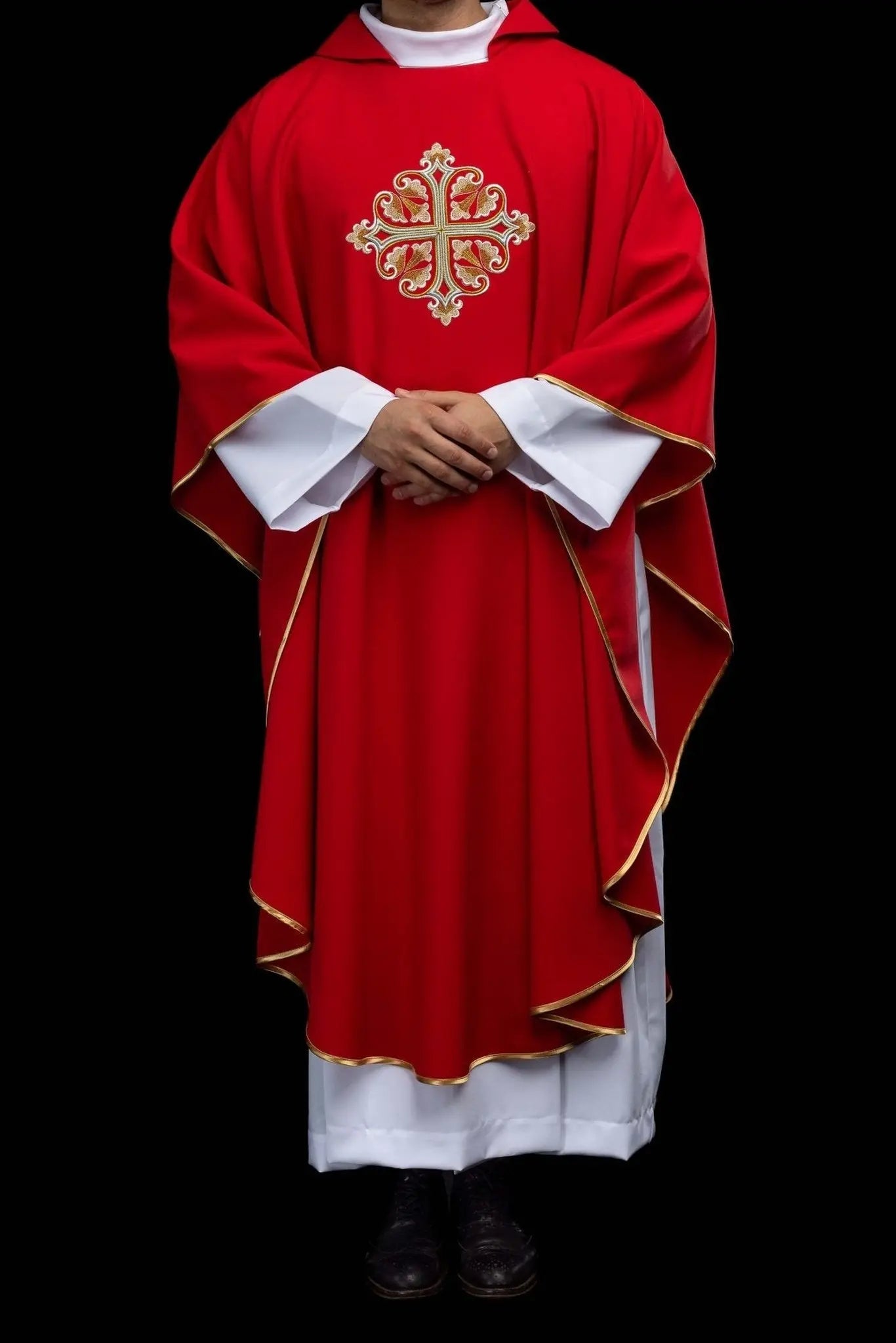 Red Embroidered Chasuble with Ornamental Cross and Wide Collar