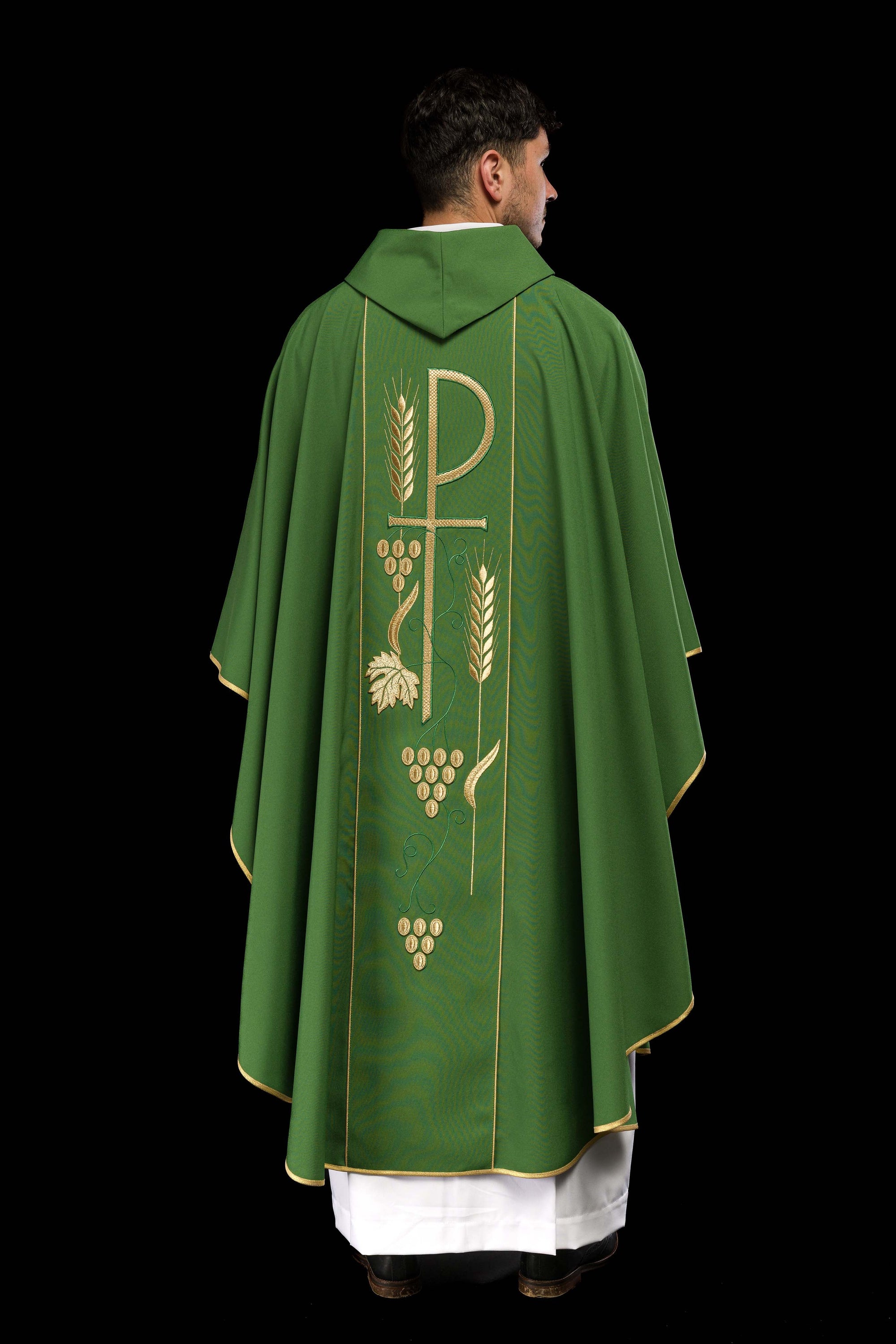 Green chasuble embroidered with IHS chalice design