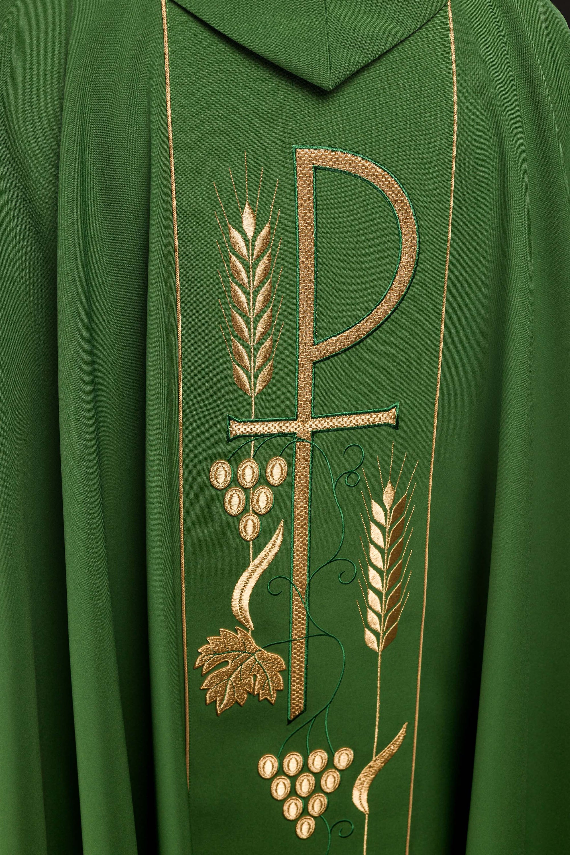 Green chasuble embroidered with IHS chalice design