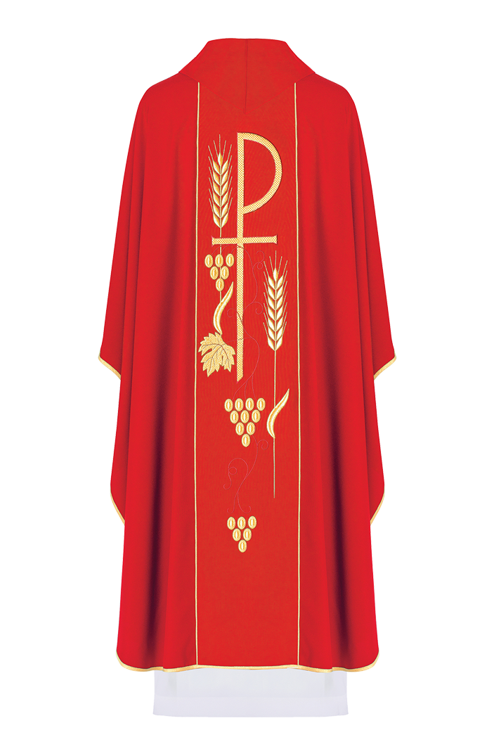 Red chasuble embroidered with IHS chalice design