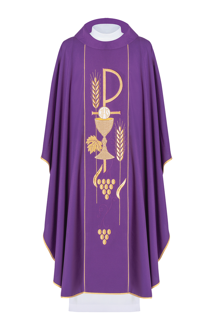 Purple chasuble embroidered with IHS chalice pattern