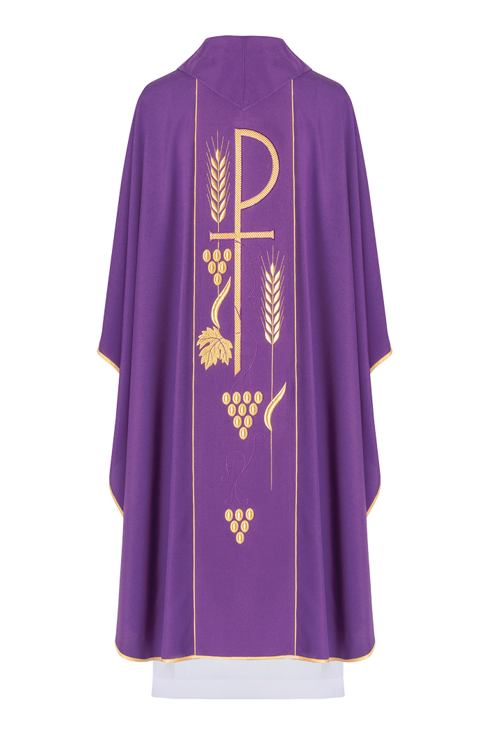 Purple chasuble embroidered with IHS chalice pattern