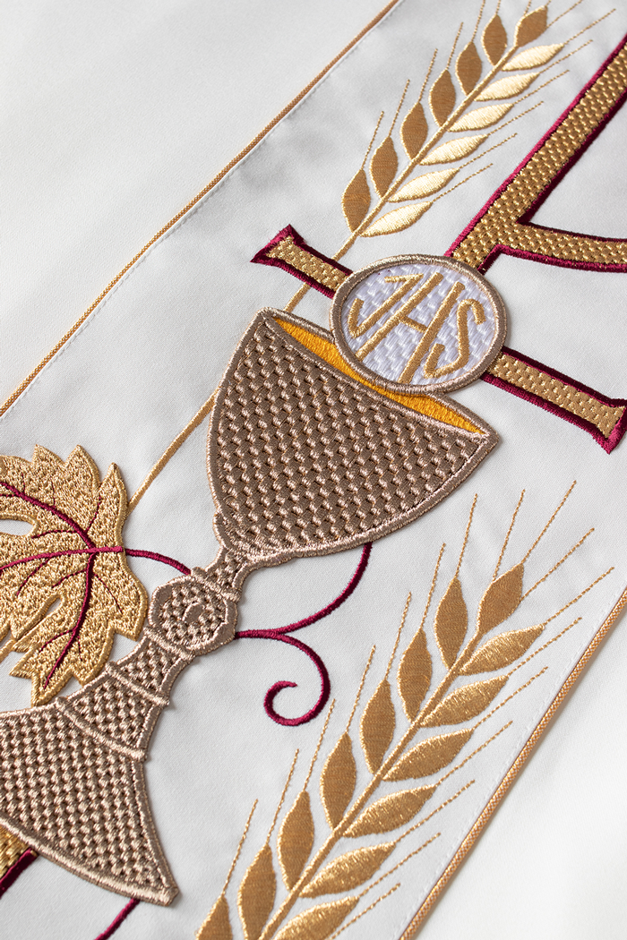 Embroidered chasuble with IHS chalice design in ecru