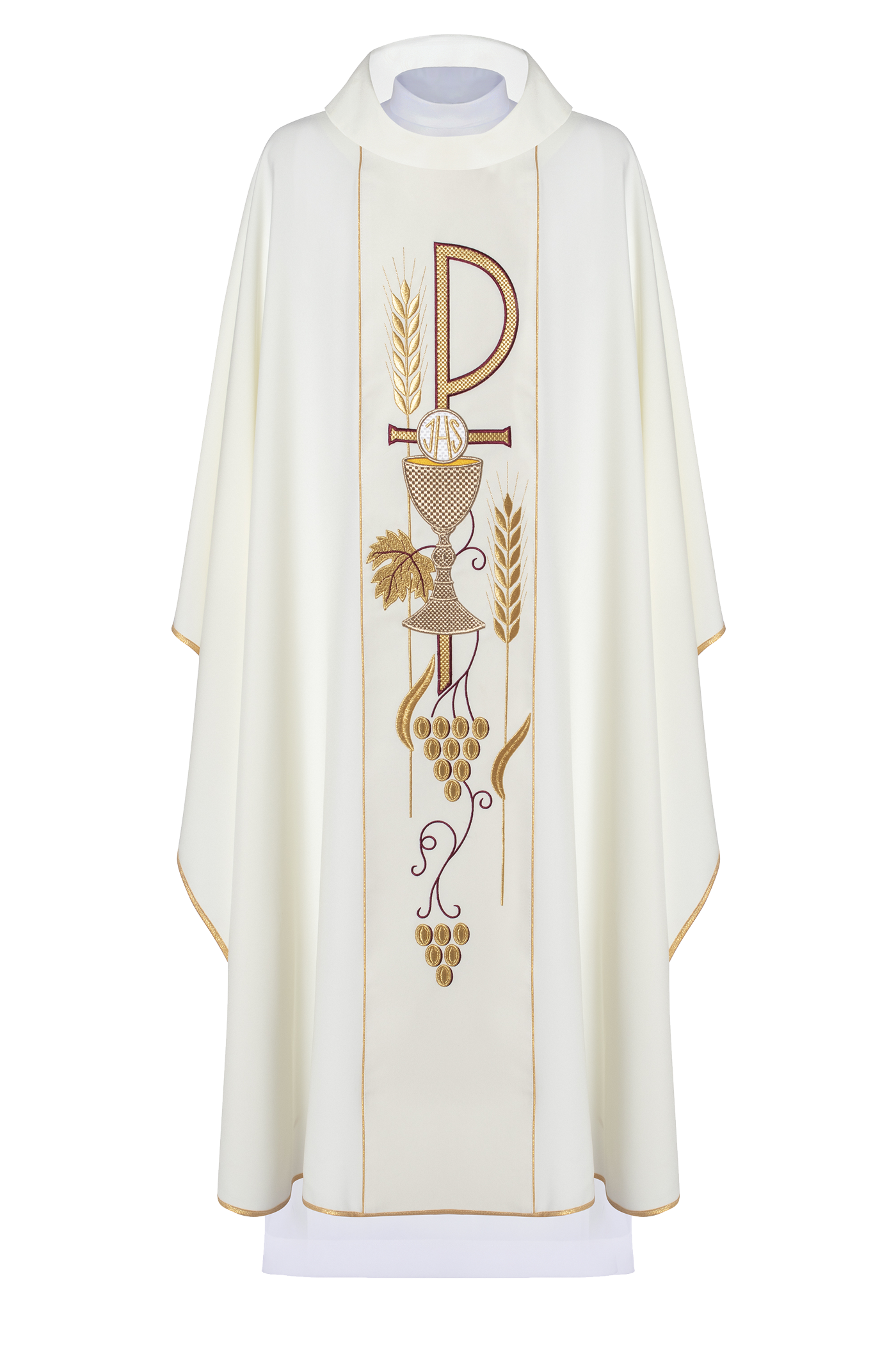 Embroidered chasuble with IHS chalice design in ecru