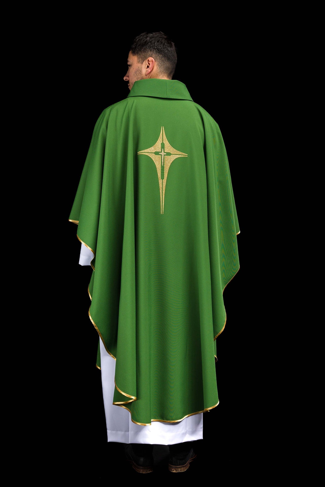 Green chasuble embroidered with cross motif
