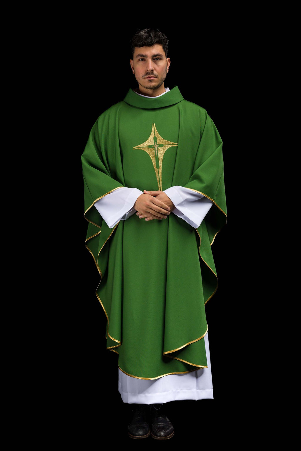 Green chasuble embroidered with cross motif