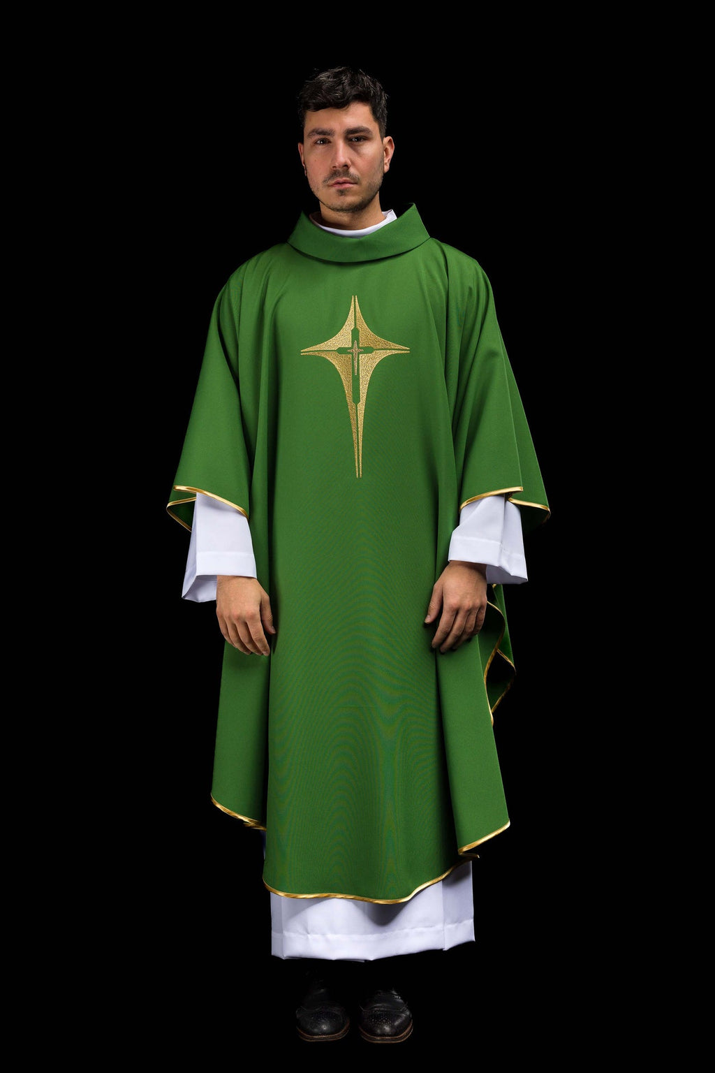 Green chasuble embroidered with cross motif