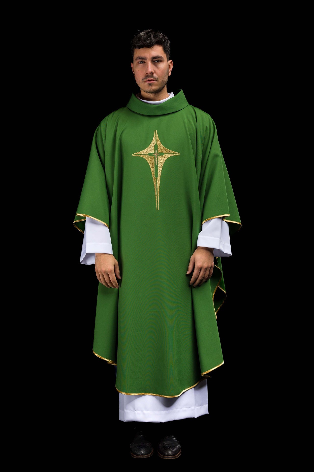 Green chasuble embroidered with cross motif