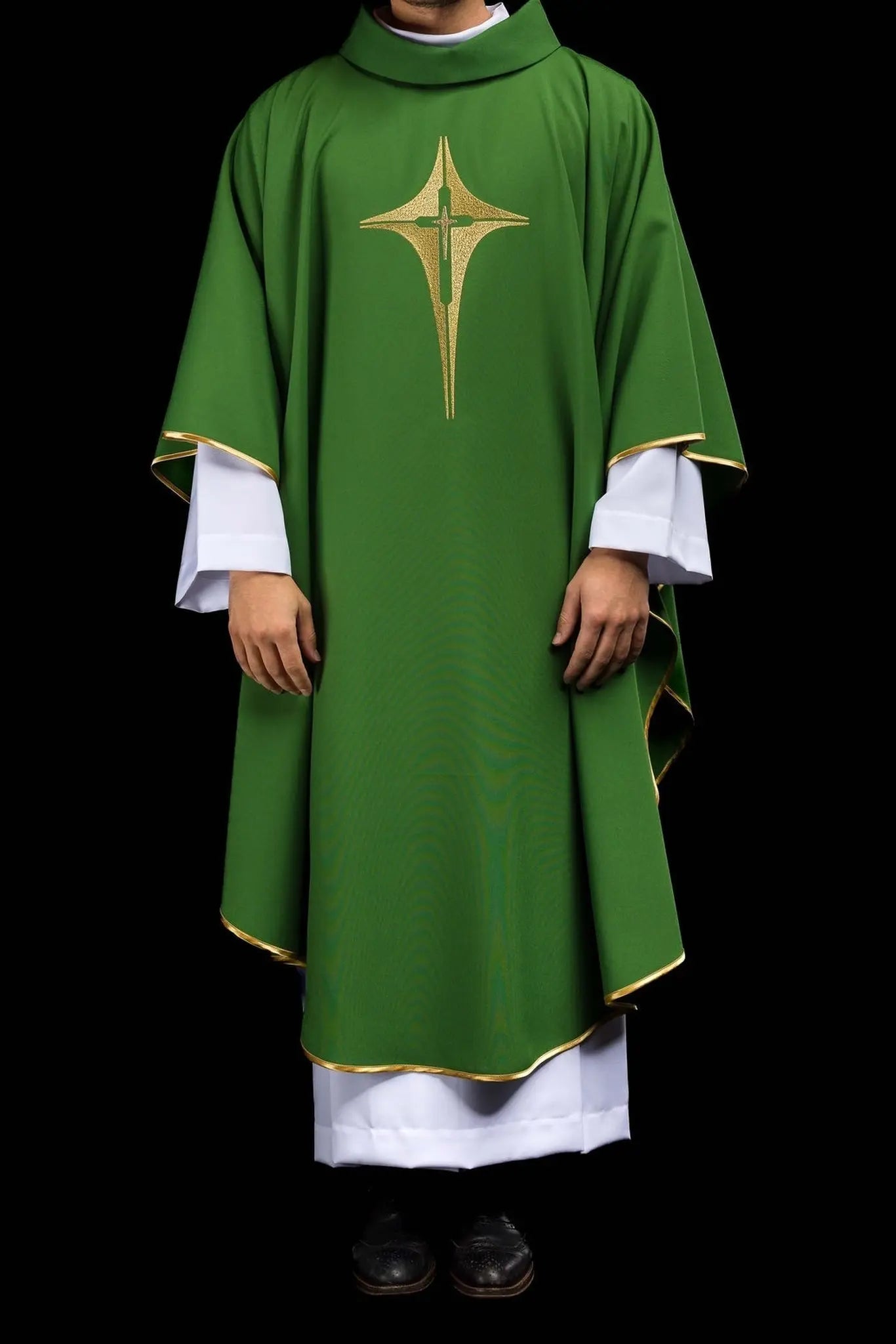 Green chasuble embroidered with cross motif