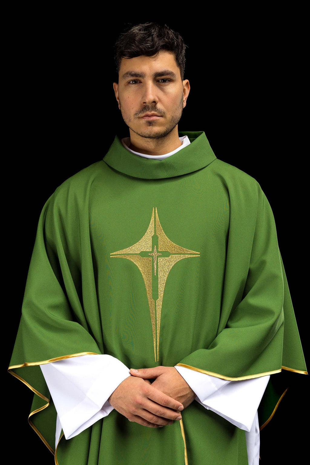 Green chasuble embroidered with cross motif