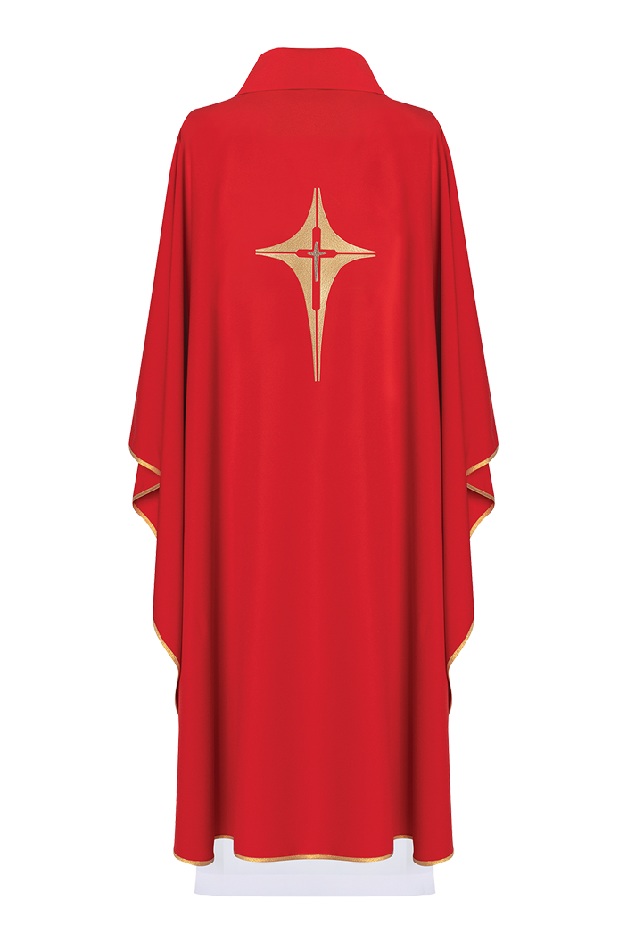 Red chasuble embroidered with cross motif