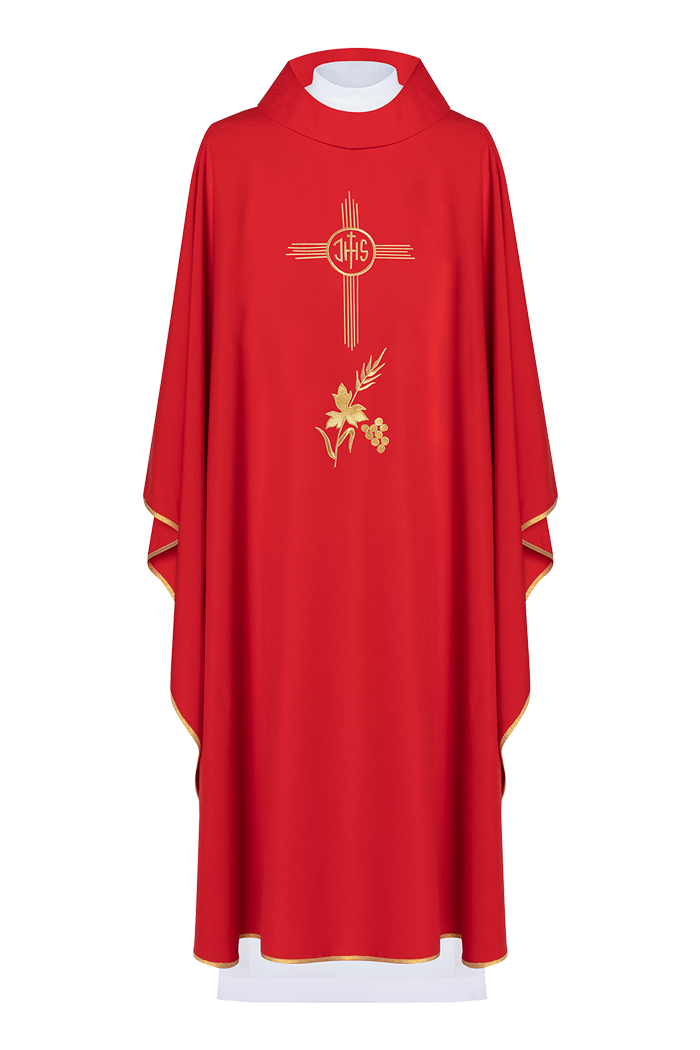 Red chasuble embroidered with IHS motif