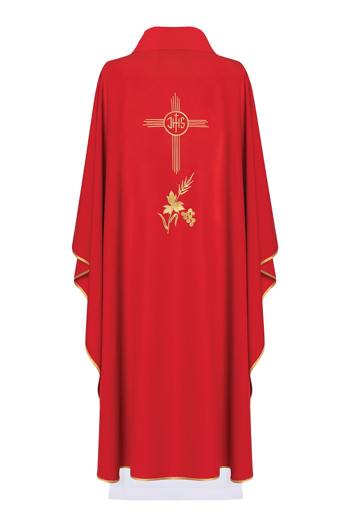 Red chasuble embroidered with IHS motif