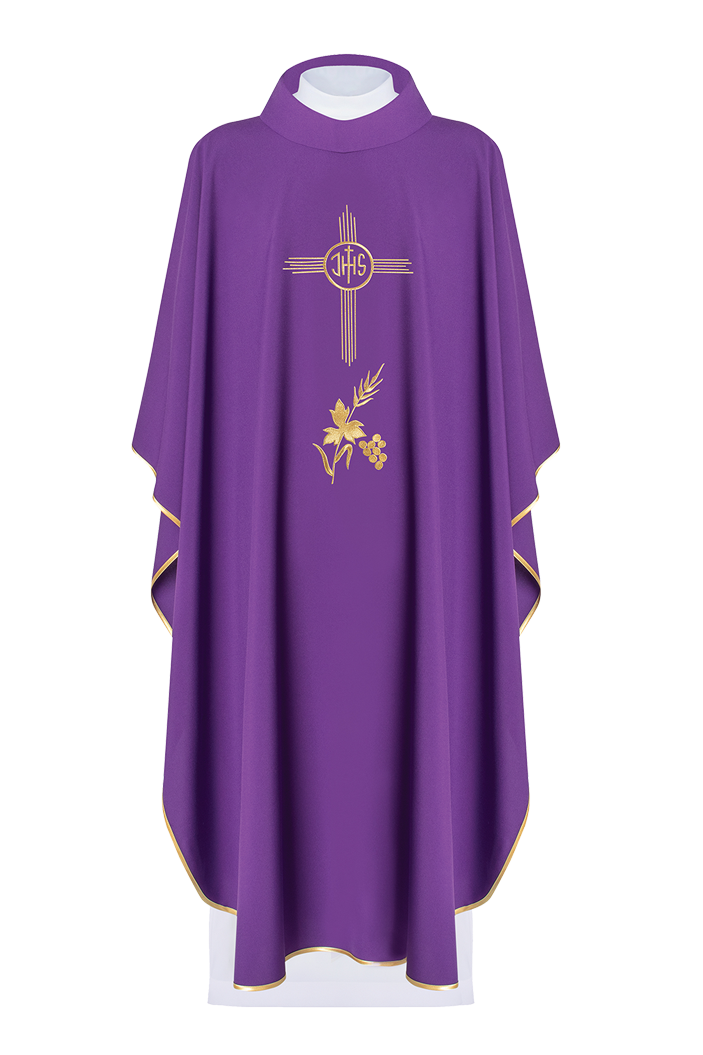 Purple chasuble embroidered with IHS motif