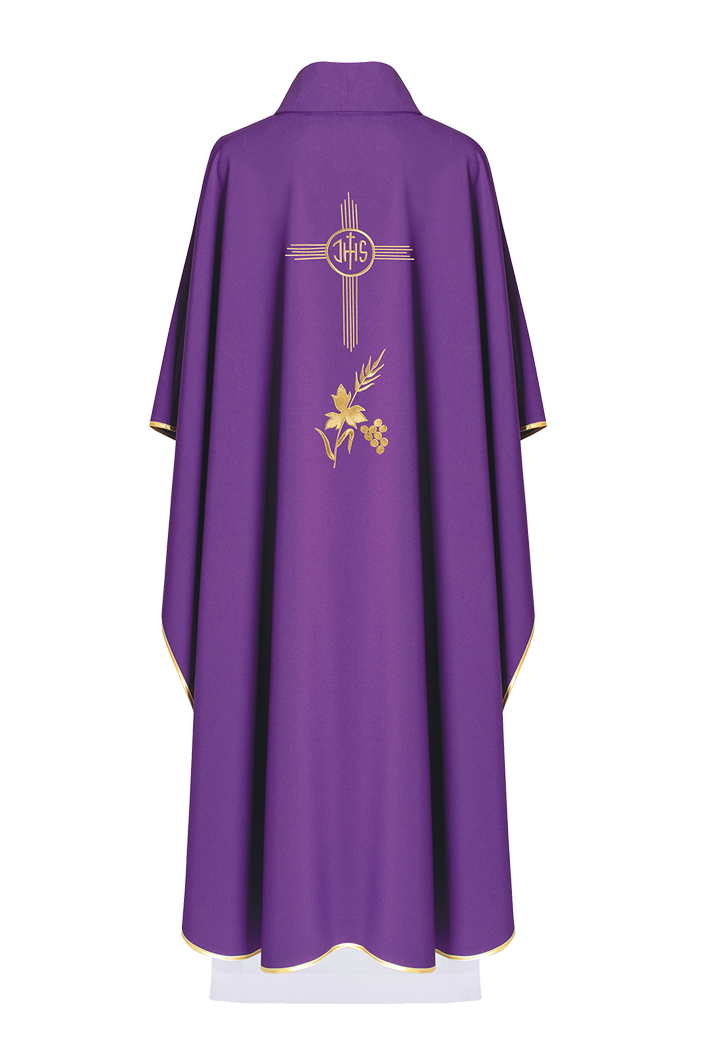 Purple chasuble embroidered with IHS motif