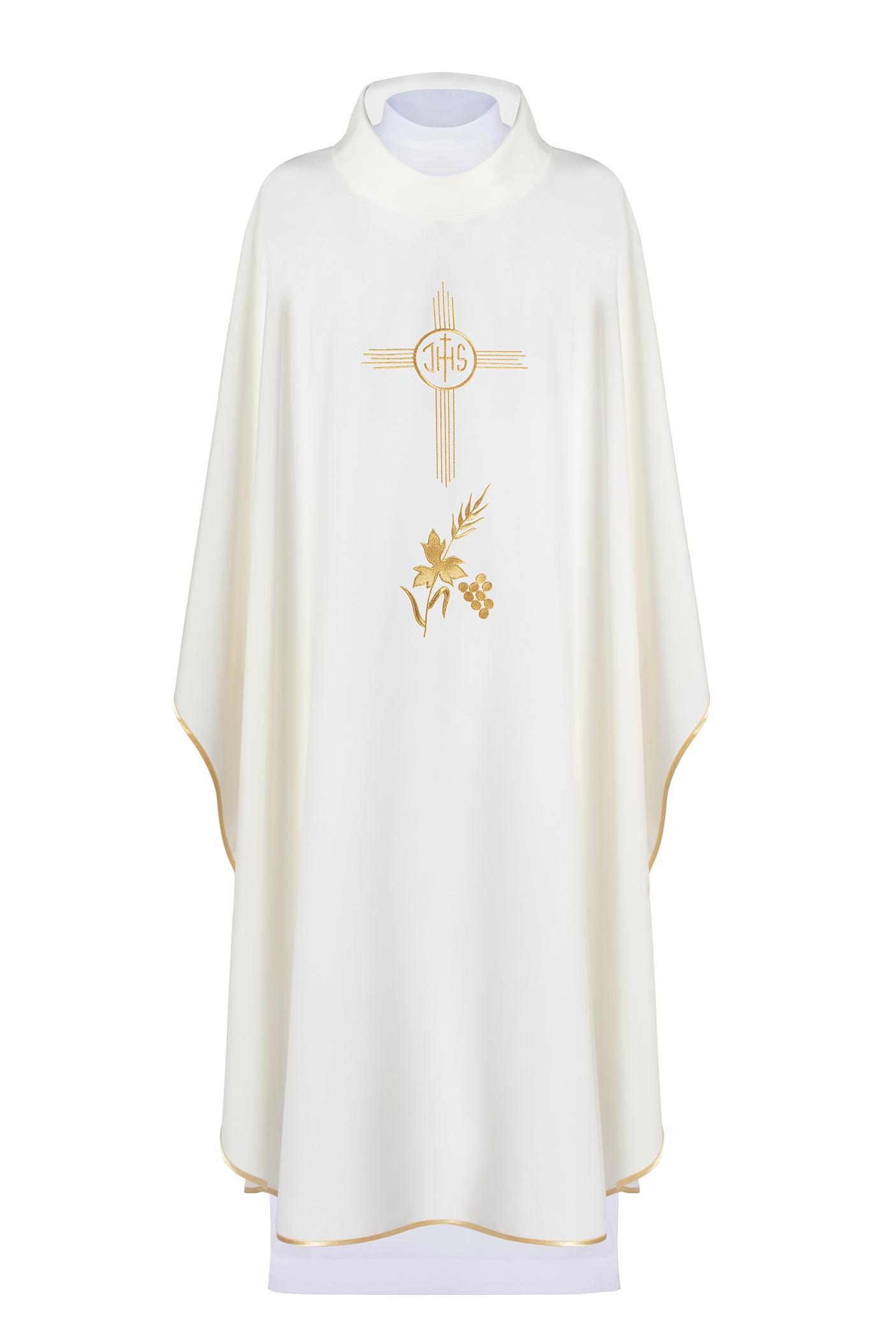 Ecru embroidered chasuble with wide collar and IHS motif