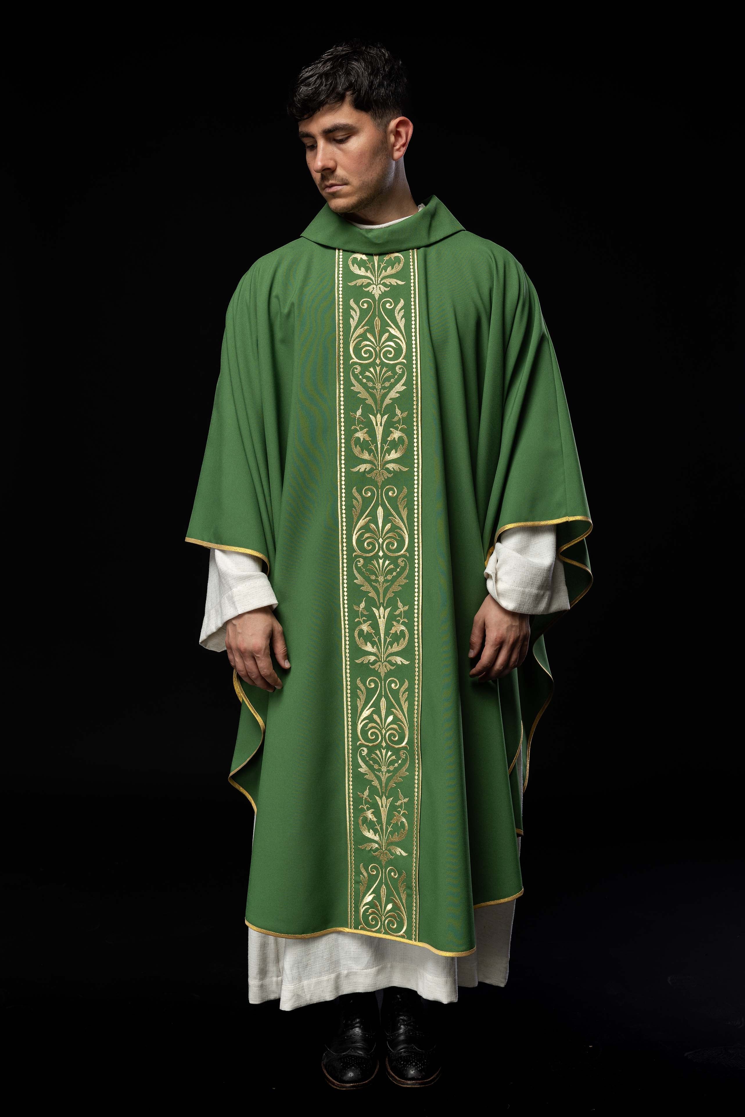 Green liturgical chasuble decorated with gold embroidered belt