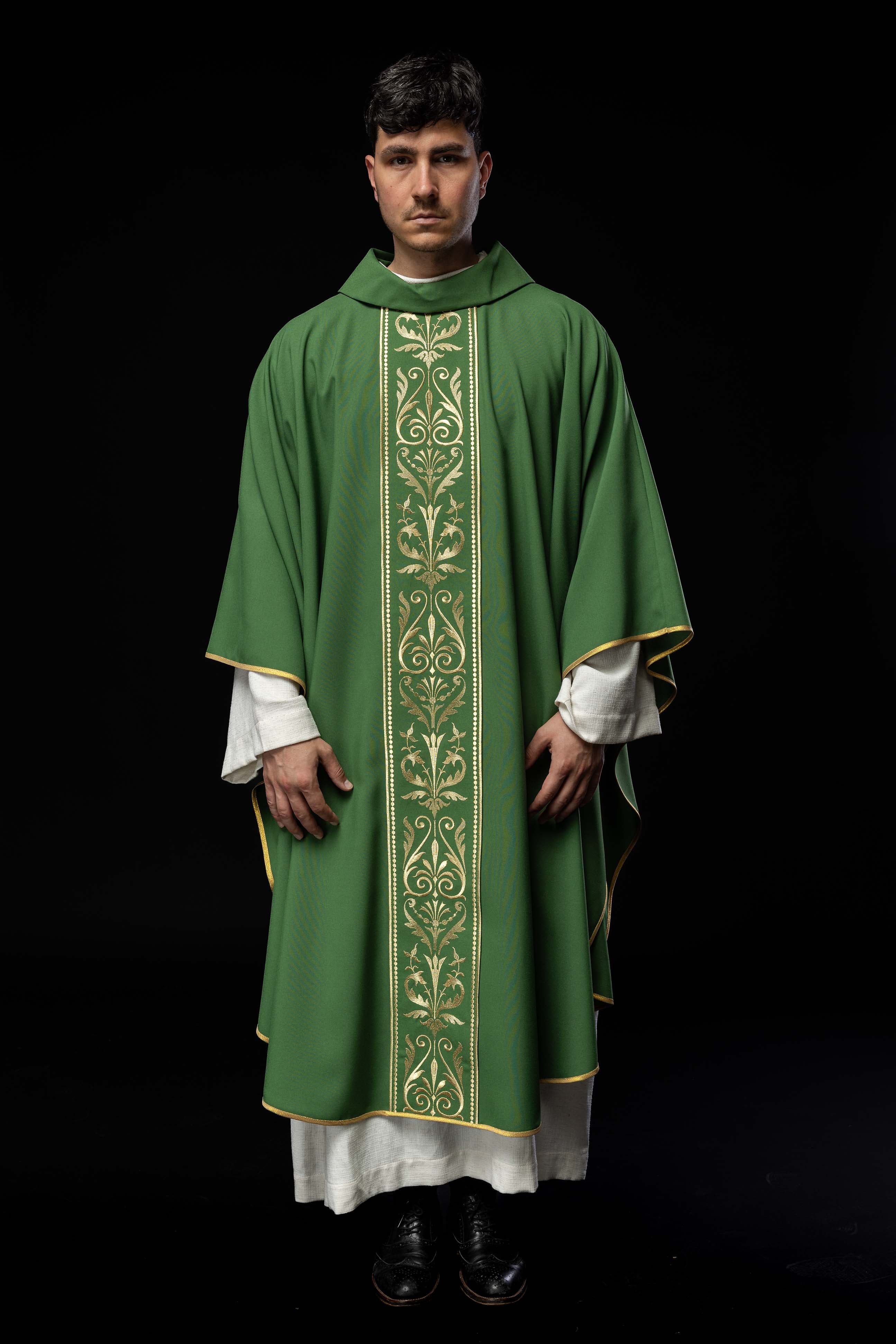 Green liturgical chasuble decorated with gold embroidered belt