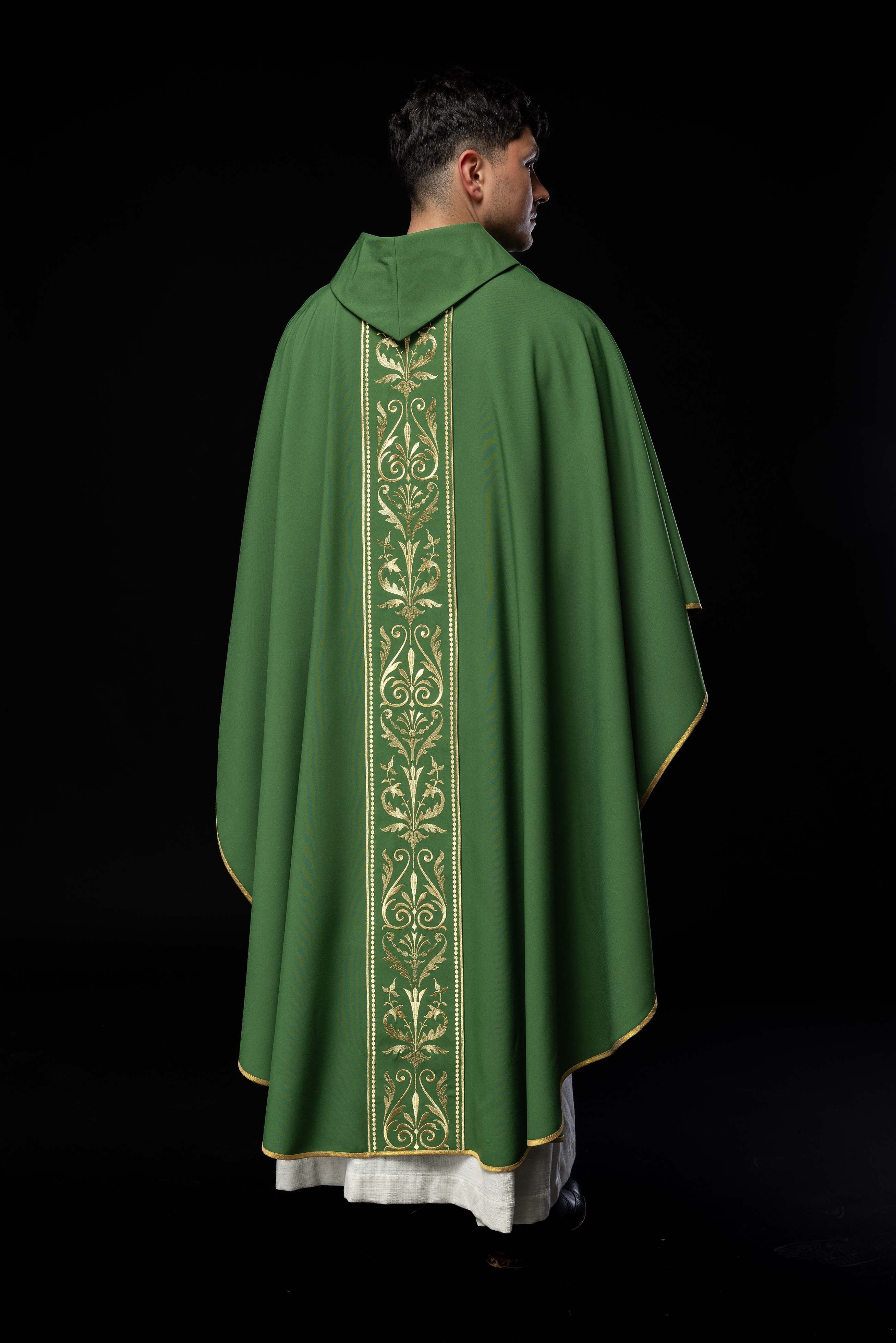 Green liturgical chasuble decorated with gold embroidered belt