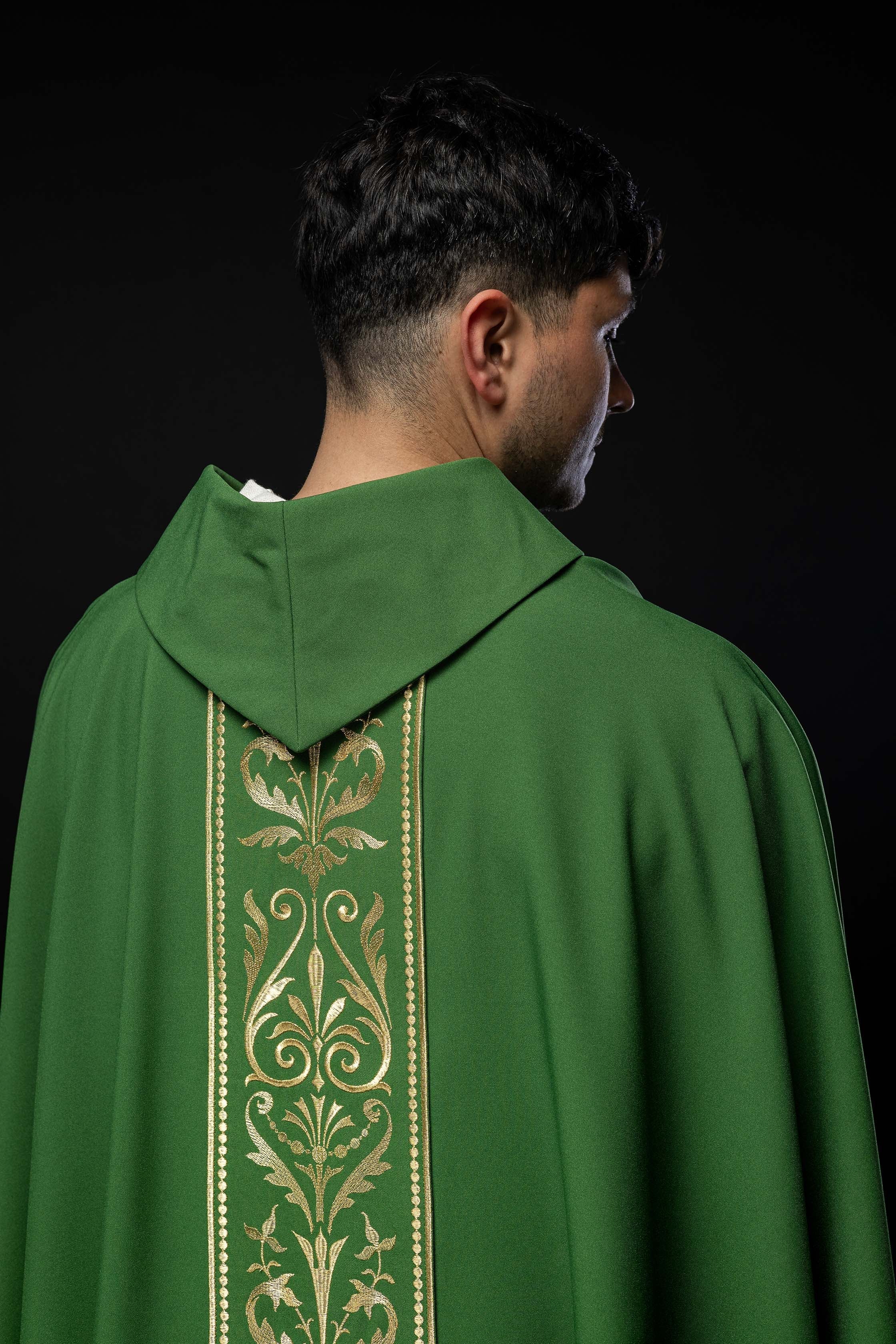 Green liturgical chasuble decorated with gold embroidered belt