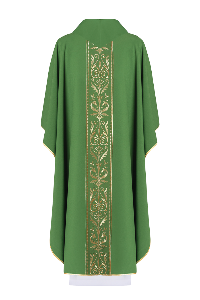 Green liturgical chasuble decorated with gold embroidered belt