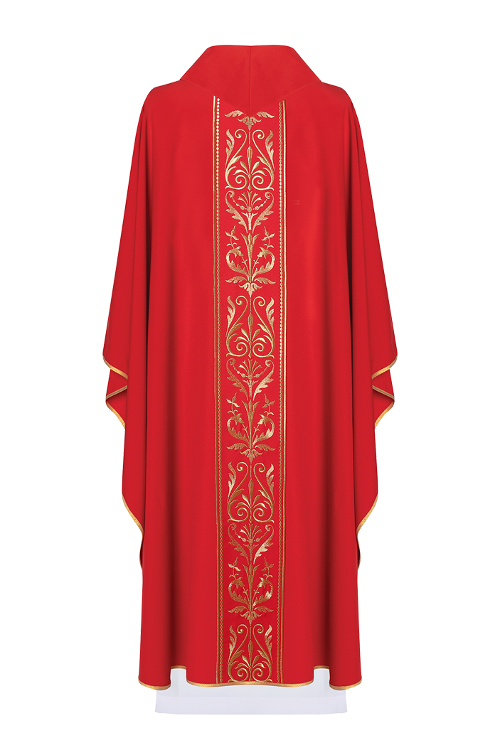 Red liturgical chasuble decorated with gold embroidered belt