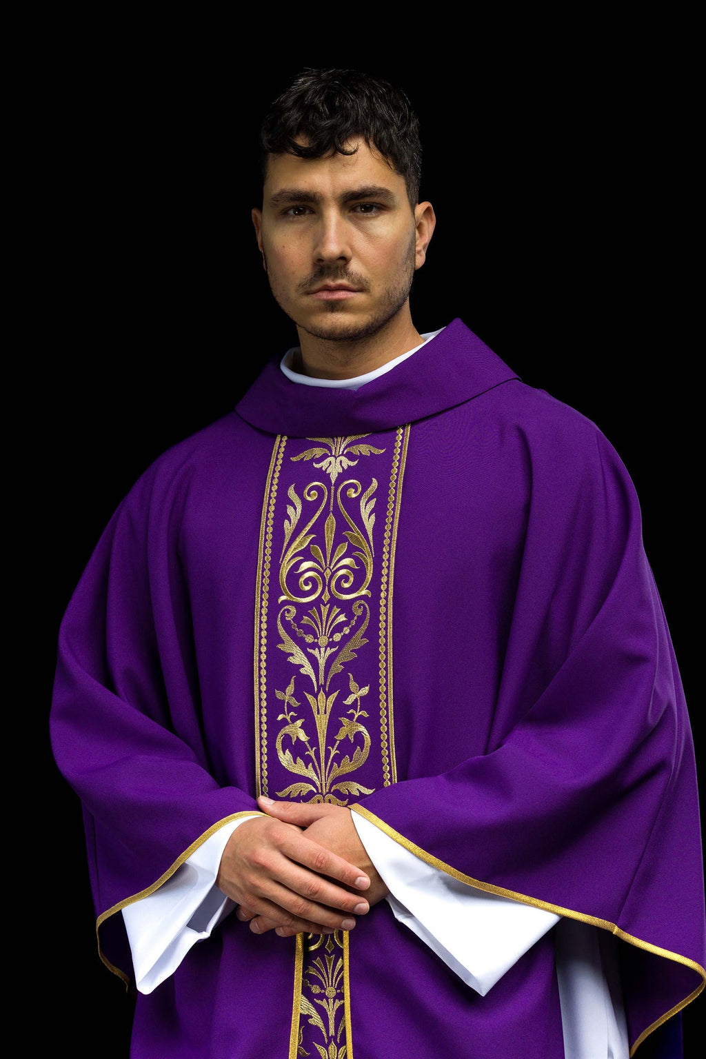 Purple liturgical chasuble decorated with gold embroidered belt